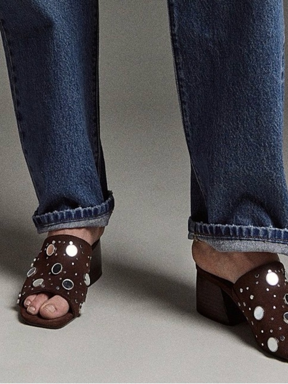 Free People Mirage Mules Studded Brown Suede Block Heel Mirrored Size 9.5 New - Picture 2 of 16